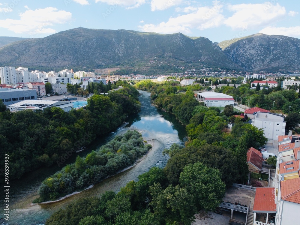 Drone aerial shot of Bosnia, Mostar, Stari Most Bridge