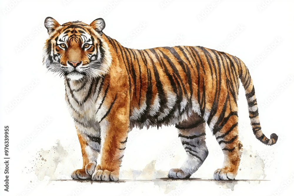Obraz premium A majestic tiger stands proudly, showcasing its striking orange and black stripes against white background. This watercolor illustration captures essence of this powerful animal beautifully
