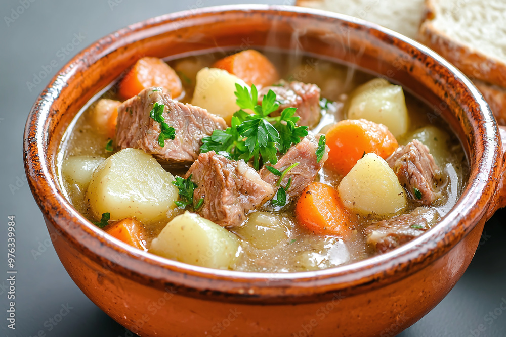 Irish stew in a rustic ceramic bowl, featuring tender lamb, potatoes, and carrots in a rich broth