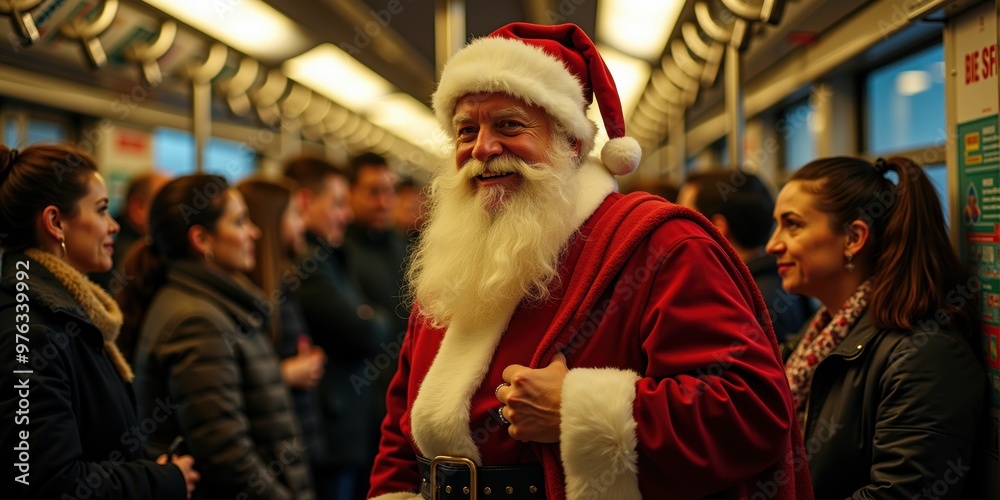 Cheerful Santa Claus in a crowded subway, spreading festive joy during Christmas season. Perfect for holiday promotions, advertising, or seasonal decor. Cheerful Santa Claus in a crowded subway, spreading festive joy during Christmas season. Perfect for holiday promotions, advertising, or seasonal decor.
