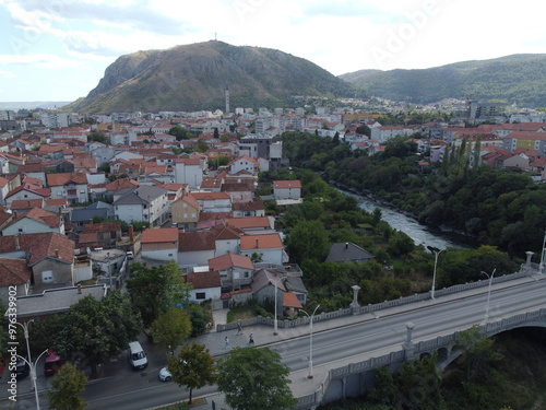 Obraz na płótnie Drone aerial shot of Bosnia, Mostar, Stari Most Bridge w salonie
