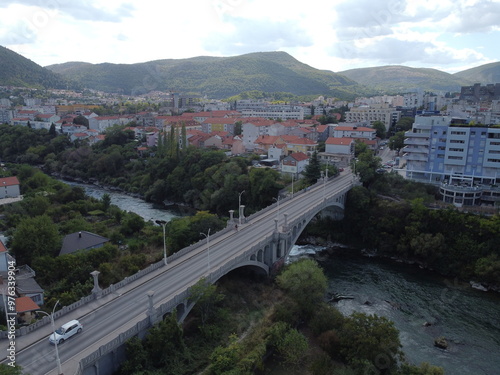 Drone aerial shot of Bosnia, Mostar, Stari Most Bridge
