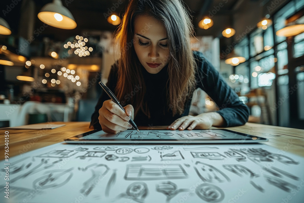 A focused businesswoman is sketching digital idea on tablet, surrounded by creative workspace filled with warm lighting and artistic elements. Her concentration reflects passion for her project A focused businesswoman is sketching digital idea on tablet, surrounded by creative workspace filled with warm lighting and artistic elements. Her concentration reflects passion for her project