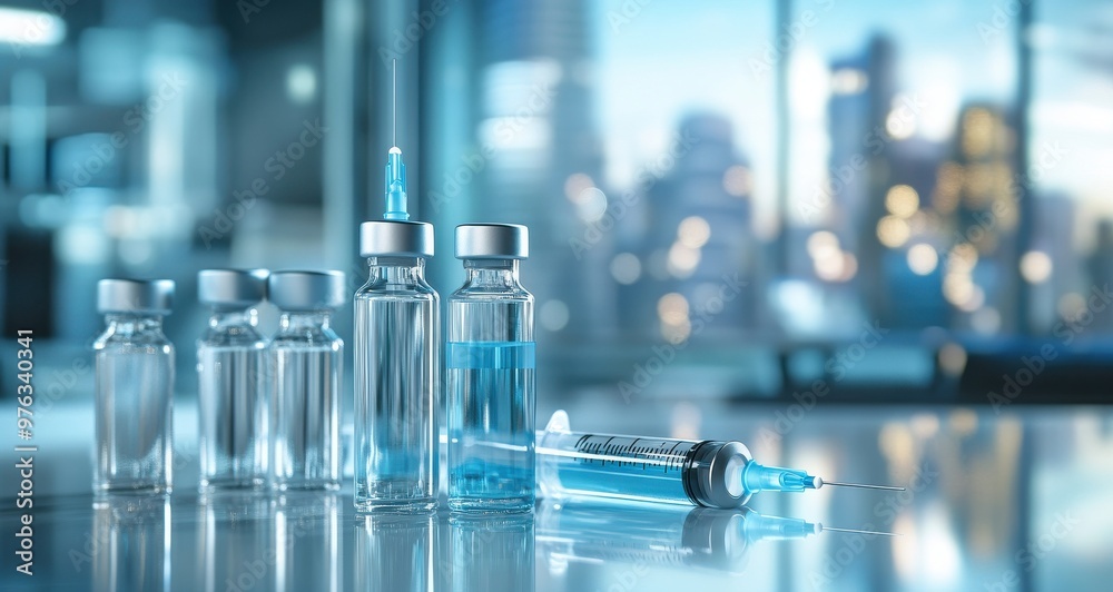 Close-up of syringe and vaccine vials in a medical laboratory setting with cityscape background illustrating healthcare and vaccination concepts Close-up of syringe and vaccine vials in a medical laboratory setting with cityscape background illustrating healthcare and vaccination concepts
