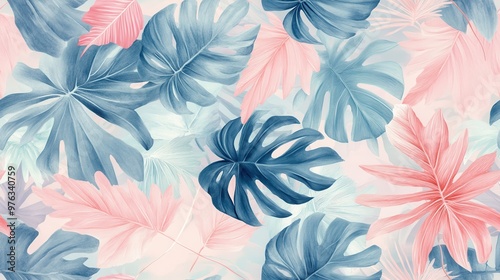 Seamless marine pattern featuring seashells, tropical leaves, and ocean elements. This illustration is ideal for wallpapers, fabric designs, or packaging. Soft pastel colors.