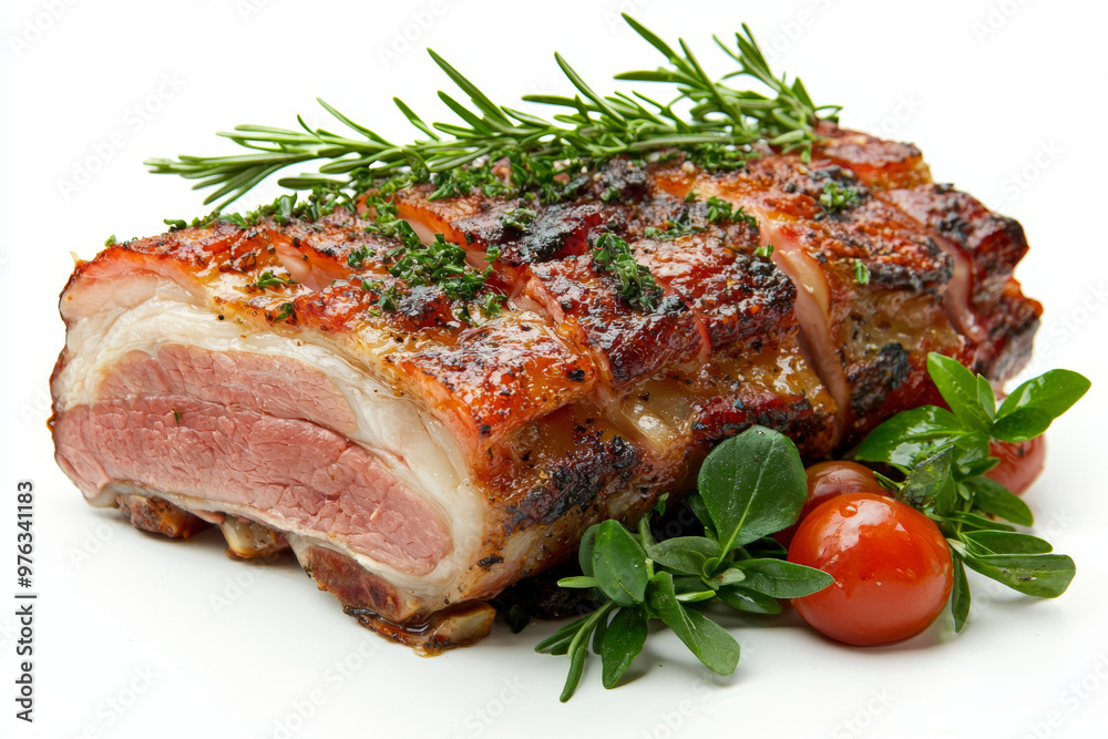 Succulent pork roast garnished with fresh herbs and cherry tomatoes, showcasing deliciously crispy exterior and tender meat. Perfect for festive occasions or family gatherings Succulent pork roast garnished with fresh herbs and cherry tomatoes, showcasing deliciously crispy exterior and tender meat. Perfect for festive occasions or family gatherings