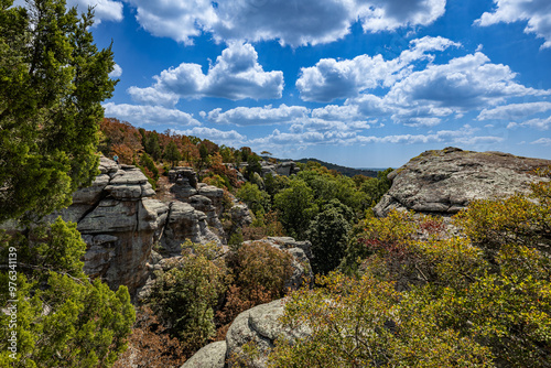 Stone formations in Gardens of the Gods recreational area in Southern Illinois.