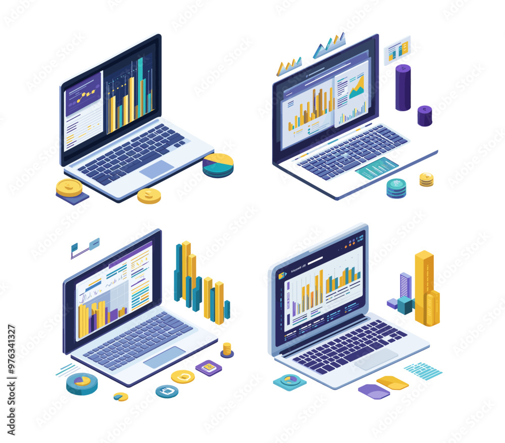 Isometry notebook business analytics concepts. Laptop chart bars diagrams graphs pointers screens, management strategy and company research financial information statistic report, isolated vector set Isometry notebook business analytics concepts. Laptop chart bars diagrams graphs pointers screens, management strategy and company research financial information statistic report, isolated vector set