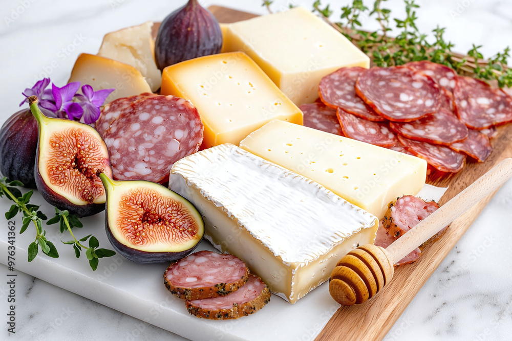 a charcuterie board featuring a selection of artisanal Irish cheeses, including Cashel Blue, aged cheddar, and smoked Gubbeen, accompanied by local cured meats, honey, and fresh figs a charcuterie board featuring a selection of artisanal Irish cheeses, including Cashel Blue, aged cheddar, and smoked Gubbeen, accompanied by local cured meats, honey, and fresh figs