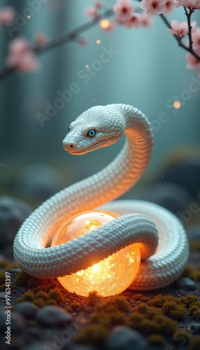 A mystical white snake entwined around a glowing orb, set against a serene backdrop of cherry blossoms, perfect for fantasy and nature-themed projects.