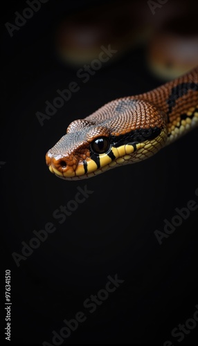 Close-up of a vibrant snake's head against a dark background, showcasing intricate scales and striking features, perfect for wildlife, education, or nature-themed projects.