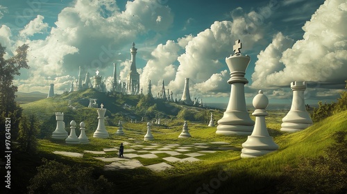 A surreal landscape with giant chess pieces and a city in the distance.