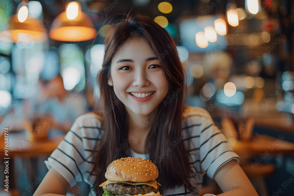 Joyful Dining Experience: A Young Woman Enjoys a Delicious Burger in a Cozy Restaurant Setting Joyful Dining Experience: A Young Woman Enjoys a Delicious Burger in a Cozy Restaurant Setting