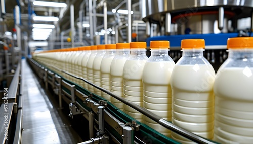 Automated factory conveyor line displaying milk-filled plastic bottles during dairy production