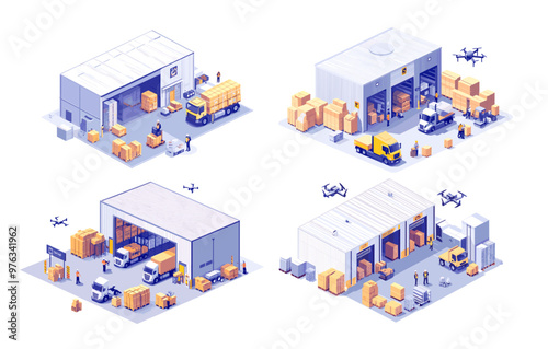 Isometry warehouse. Distribution cars trucks forklifts drones staff personnel workers, logistic boxes containers cargo packaging storage delivery area facility, isolated vector set