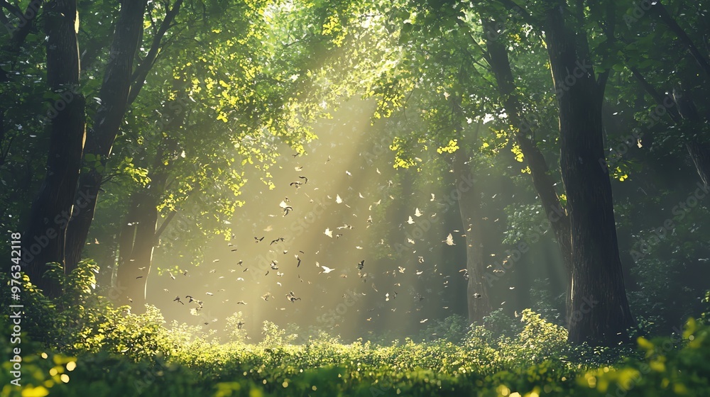 Sunbeams illuminate a magical forest with a swarm of butterflies. Sunbeams illuminate a magical forest with a swarm of butterflies.