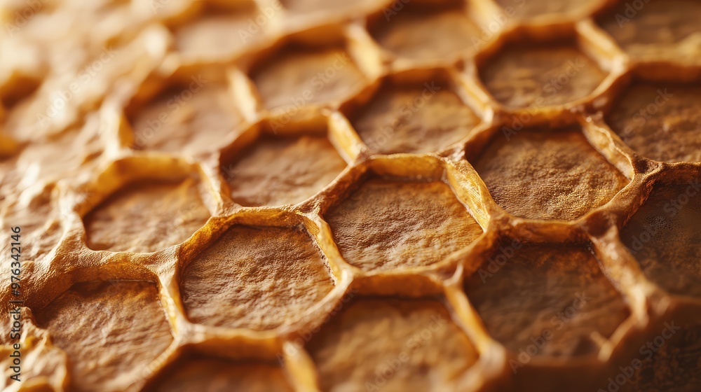 Stunning Macro Shot of Honeycomb: Precise Hexagonal Texture Captured at 90-Degree Angle, Highlighting Intricate Structural Details in High Definition