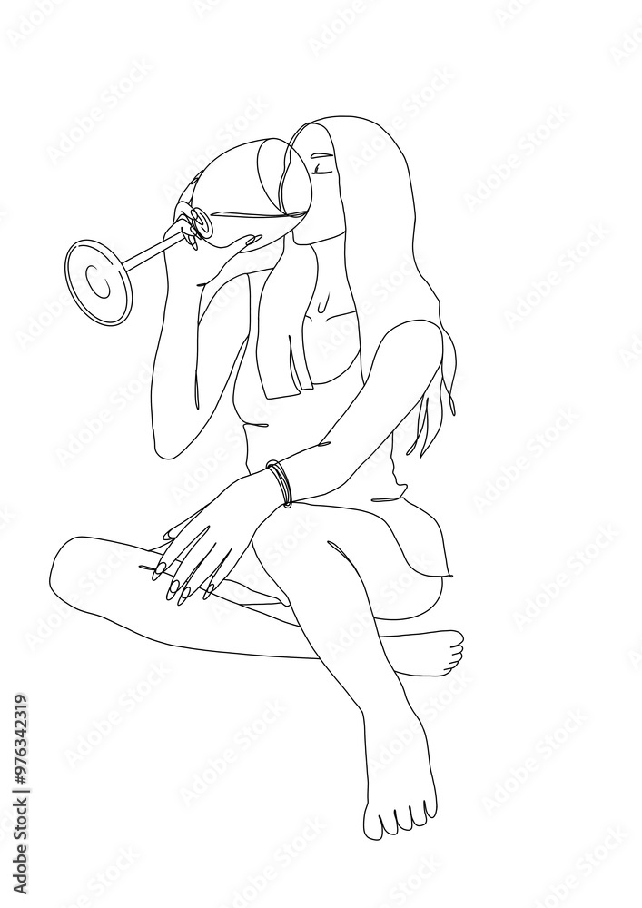 Female drinking from a big wine glass simple continuous line illustration. Hand drawn doodle outline young woman sitting and drinking from glass.Isolated on transparent background Female drinking from a big wine glass simple continuous line illustration. Hand drawn doodle outline young woman sitting and drinking from glass.Isolated on transparent background