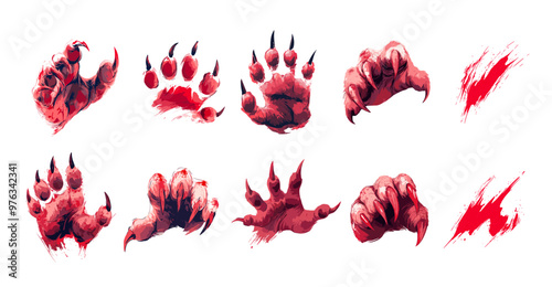 Predator claws sketch. Animal shaped nails paw cats tiger puma lion jaguar bear talon slashes bloody damage shred furrow brutal attacks wounds, vector isolated illustrations