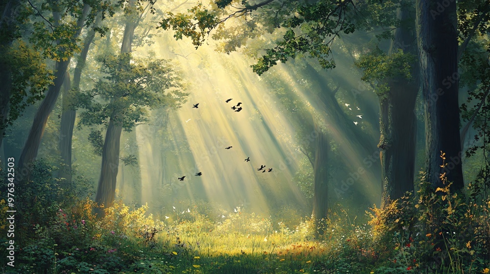 Obraz premium Sunlight streams through the trees in a magical forest.