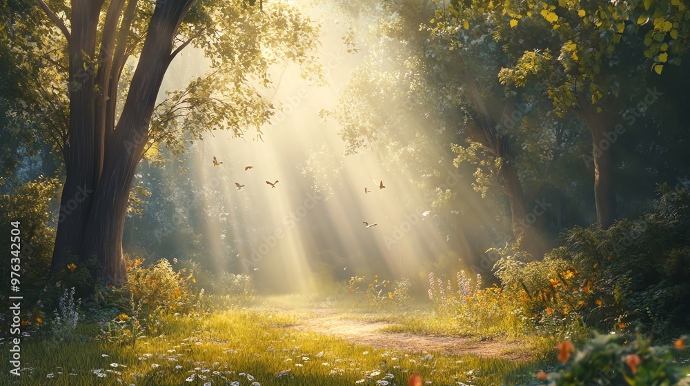 Sunbeams illuminate a path through a forest, creating a magical, dreamy atmosphere. Sunbeams illuminate a path through a forest, creating a magical, dreamy atmosphere.