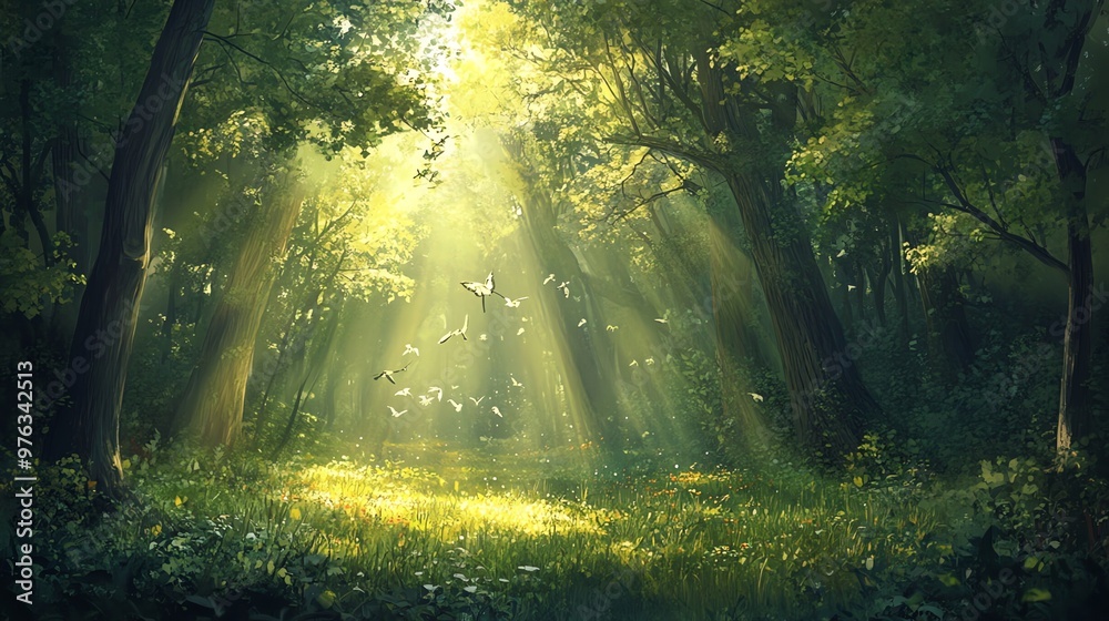 Magical forest with sunbeams and butterflies flying. Magical forest with sunbeams and butterflies flying.