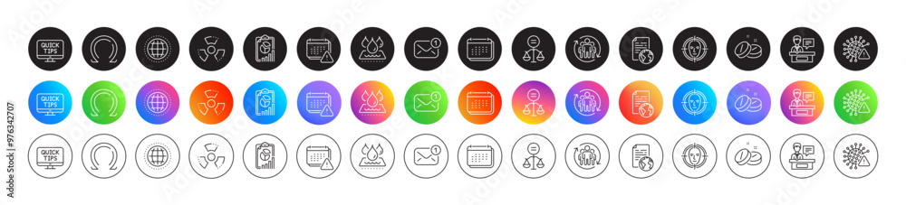 Fototapeta premium Chemical hazard, Ethics and Calendar line icons. Round icon gradient buttons. Pack of Exhibitors, Report, Medical tablet icon. Omega, Globe, Waterproof pictogram. Vector