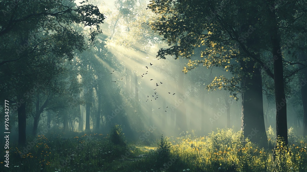 A misty forest path with sun rays piercing through the canopy and a flock of birds flying overhead. A misty forest path with sun rays piercing through the canopy and a flock of birds flying overhead.