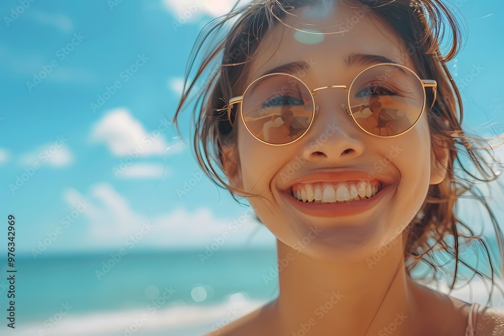Joyful Beach Vibes: A Smiling Woman in Sunglasses Against a Beautiful Ocean Background Joyful Beach Vibes: A Smiling Woman in Sunglasses Against a Beautiful Ocean Background