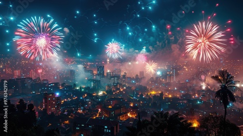 Fireworks are lit up over a city at night with palm trees