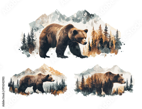 Watercolor brown bear in forest mountains landscape. Wild big walking grizzly predator animal at snow peaks outgoing of fir pines trees, isolated illustrations
