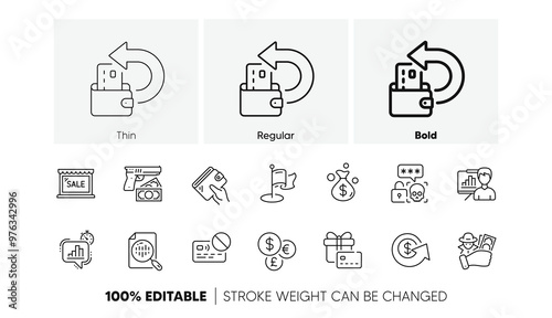 Fraud, Cash back and Milestone line icons. Pack of Money bag, Cyber attack, Robbery icon. Card, Statistics timer, Dollar exchange pictogram. Wallet, Presentation board, Gift card. Line icons. Vector