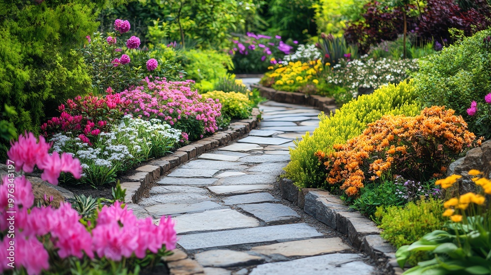 Obraz premium A stone path winds through a lush garden with vibrant flowers in bloom.
