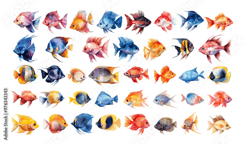 Watercolor fish. Ocean marine decorative royal angel lionfish anthias butterfly, multicolored with long fins aquarium underwater animals, coral tiny sea life creatures, isolated vector set