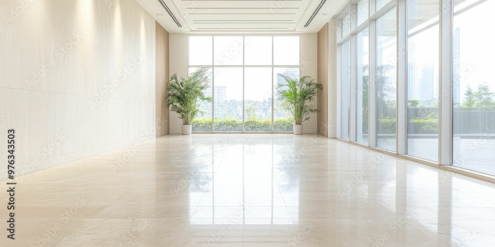 Fototapeta premium Spacious Room Bathed in Natural Light from a Large Window, Showcasing Expansive Interior Design and an Inviting Atmosphere for Relaxation and Creativity