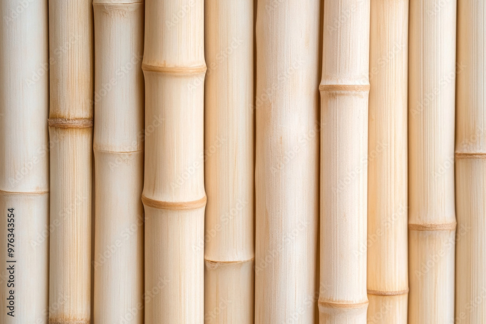 Fototapeta premium Close-up of light bamboo stalks arranged vertically, creating a natural and minimalistic pattern.