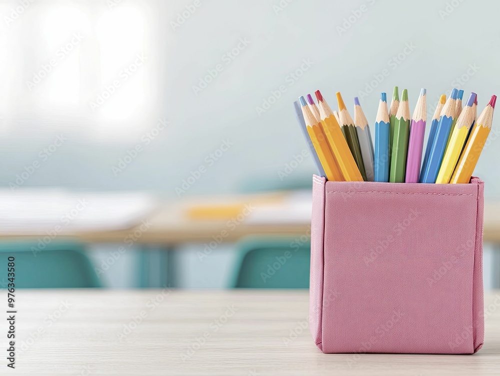 Vibrant Pencil Holder Filled with Colorful Pencils on a Clean Desk Surface, Showcasing Creativity and Organization in an Artistic Workspace Vibrant Pencil Holder Filled with Colorful Pencils on a Clean Desk Surface, Showcasing Creativity and Organization in an Artistic Workspace