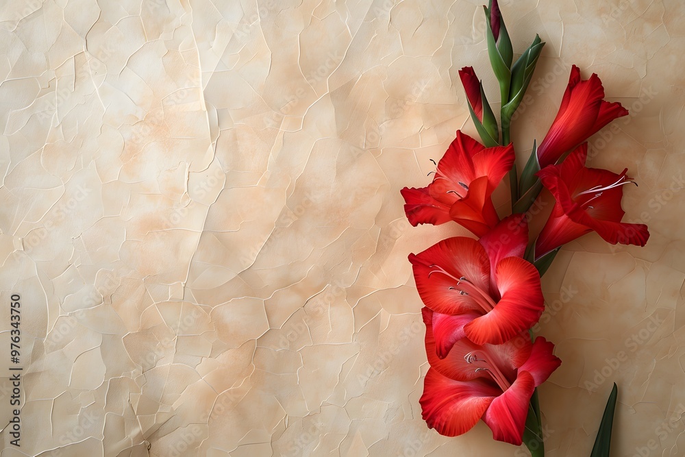 Vibrant Red Gladiolus Blooms Against a Textured Background Vibrant Red Gladiolus Blooms Against a Textured Background
