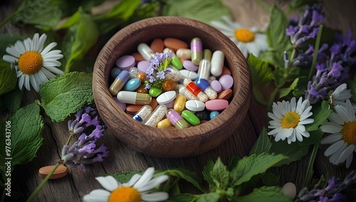 Natural Pills Made of Herbs and Flowers in Amber Glass Bottles for Herbal Food Supplements and Health photo