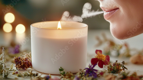 a woman inhaling deeply from a lit aromatherapy candle, eyes closed in relaxation photo