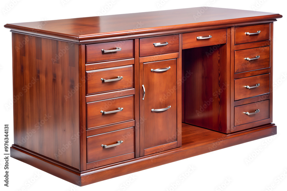 Elegant wooden desk featuring multiple drawers for storage and a polished finish, isolated on a transparent or white background. Elegant wooden desk featuring multiple drawers for storage and a polished finish, isolated on a transparent or white background.