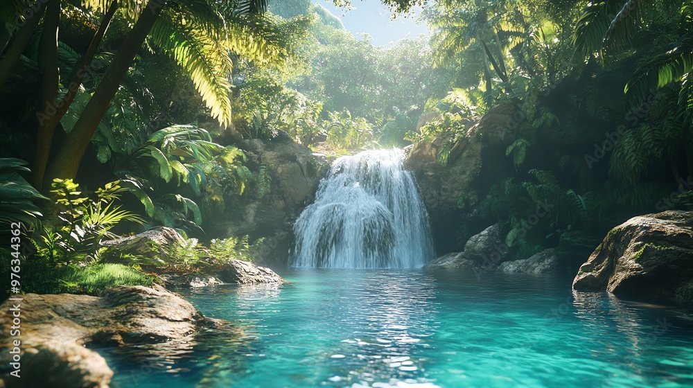 Lush green tropical rainforest with a waterfall and turquoise pool. Lush green tropical rainforest with a waterfall and turquoise pool.