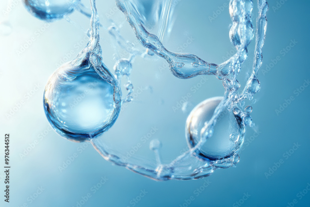 Clear water droplets and swirling liquid elements, evoking freshness and purity. Ideal for cosmetics, skincare, or wellness design projects. The dynamic shapes and blue tones create background.