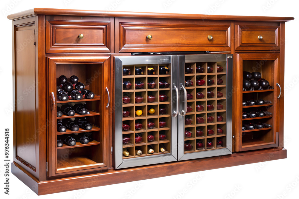 Elegant wooden wine cabinet with stainless steel doors and ample storage for wine bottles, isolated on a transparent or white background. Elegant wooden wine cabinet with stainless steel doors and ample storage for wine bottles, isolated on a transparent or white background.