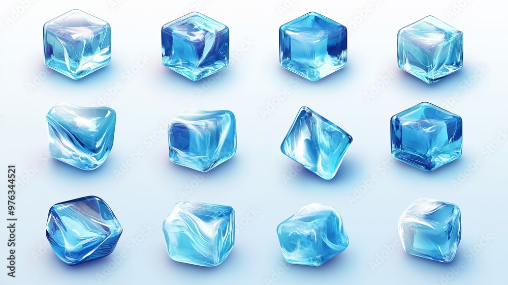 3D illustration of realistic blue solid ice cubes representing pure crystal coolness for drinks 3D illustration of realistic blue solid ice cubes representing pure crystal coolness for drinks