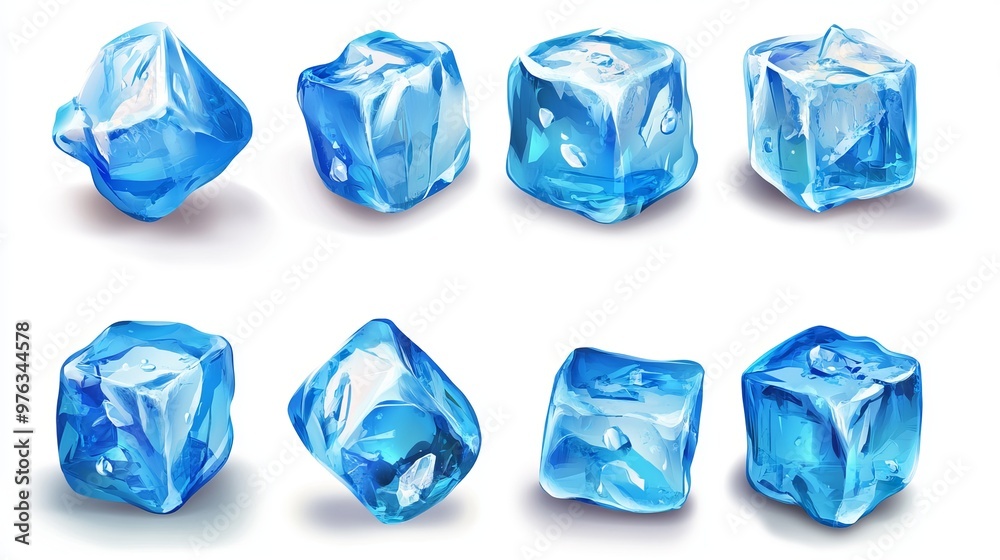3D illustration of realistic blue solid ice cubes representing pure crystal coolness for drinks 3D illustration of realistic blue solid ice cubes representing pure crystal coolness for drinks