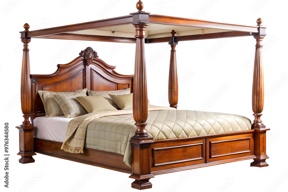 Elegant wooden four-poster bed with luxurious bedding, isolated on a transparent or white background. Elegant wooden four-poster bed with luxurious bedding, isolated on a transparent or white background.