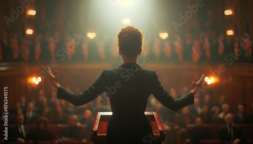 Politician Woman in formal suit delivering speech from podium with microphone illuminated by bright stage lights setting of official political meeting with political party members on pre Election day photo