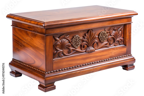 Elegant wooden chest with intricate carvings, isolated on a transparent or white background.