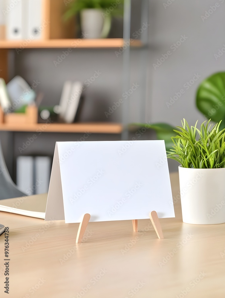 A blank card with a simple stand on an organized table in a modern office. A blank card with a simple stand on an organized table in a modern office.